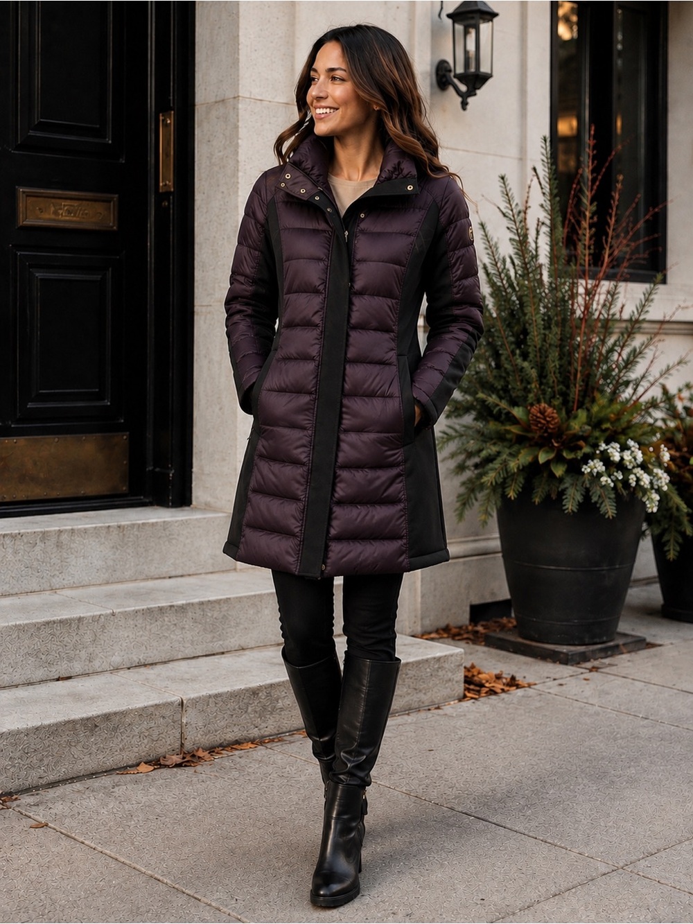 Tahari Quilted Plum and Black Long Puffer Coat